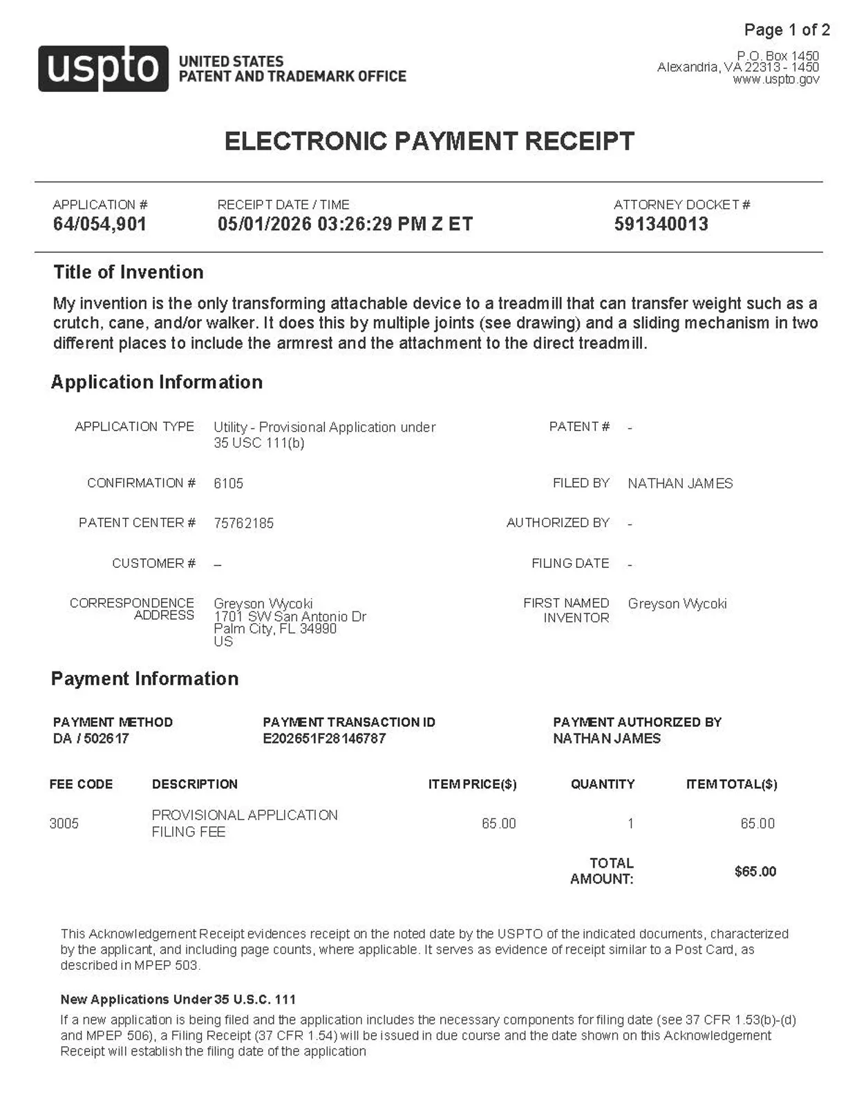 Electronic payment receipt for a provisional patent application for a transforming treadmill device