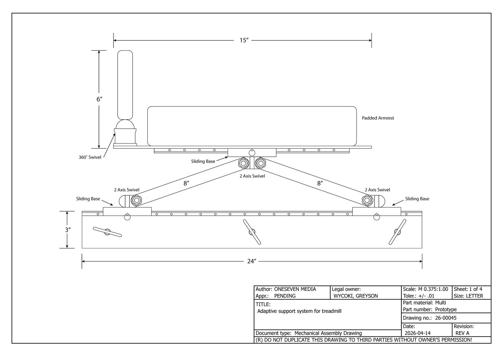 Technical drawing of an adaptive support system with dimensions and swivel features